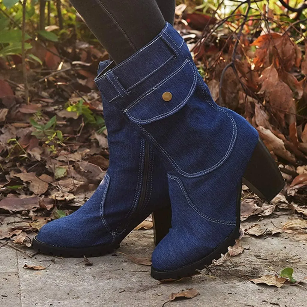 European and Style Large Size High Heel Denim Mid- Women's Boots Sailing Boot