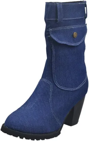 European and Style Large Size High Heel Denim Mid- Women's Boots Sailing Boot