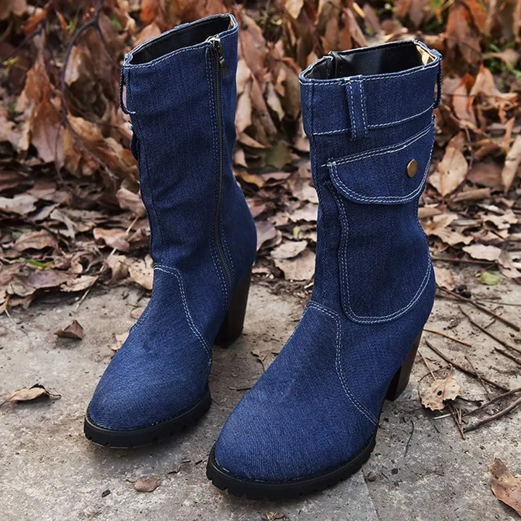 European and Style Large Size High Heel Denim Mid- Women's Boots Sailing Boot