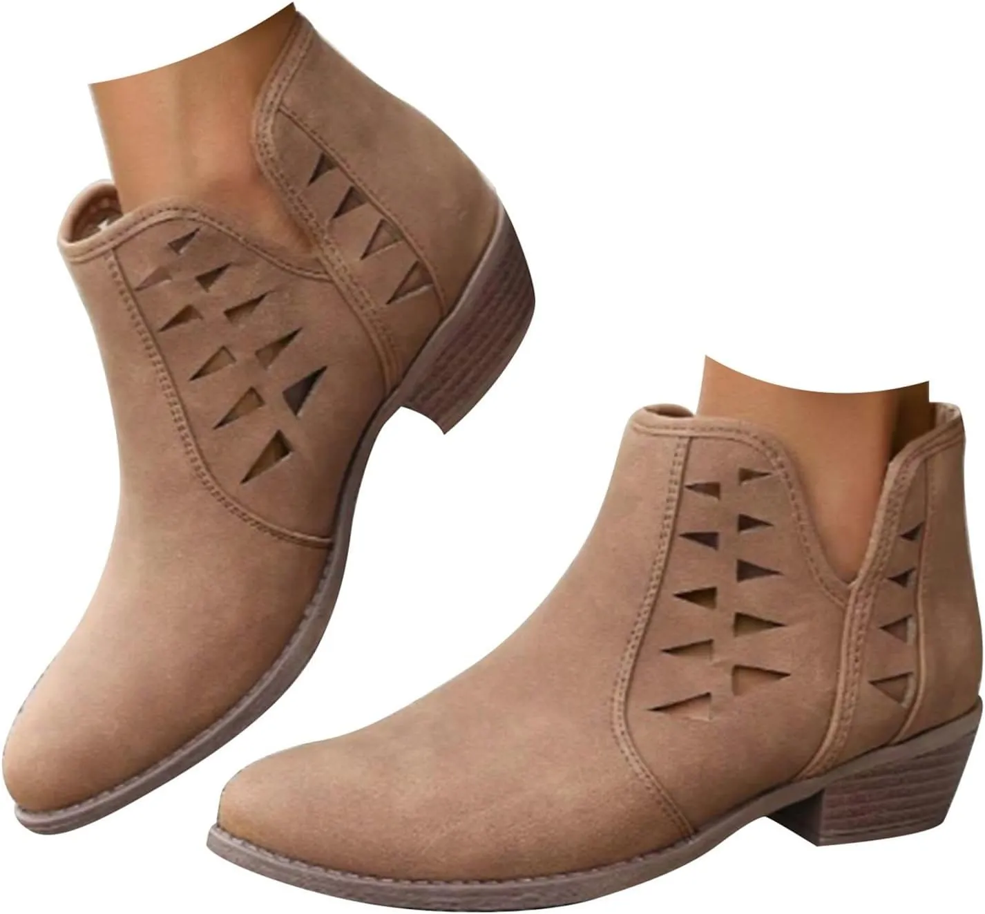 Fashion Women Low Heel Boots Casual Boots Ankle Booties Suede Flock Pointed Toe Pull on Short Boots Rubber Sole