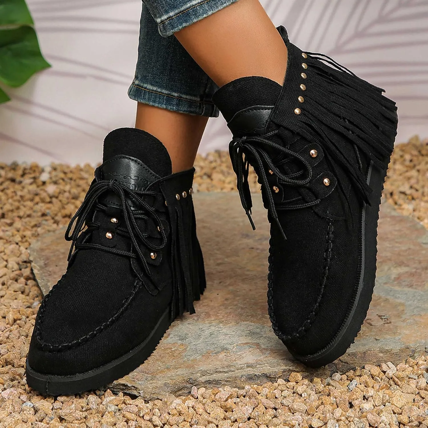 Flat Heel Round Toe Ankle Boots for Women Suede Leather Lace Up Tassel Short Boot Comfy Soft Casual Trendy Booties