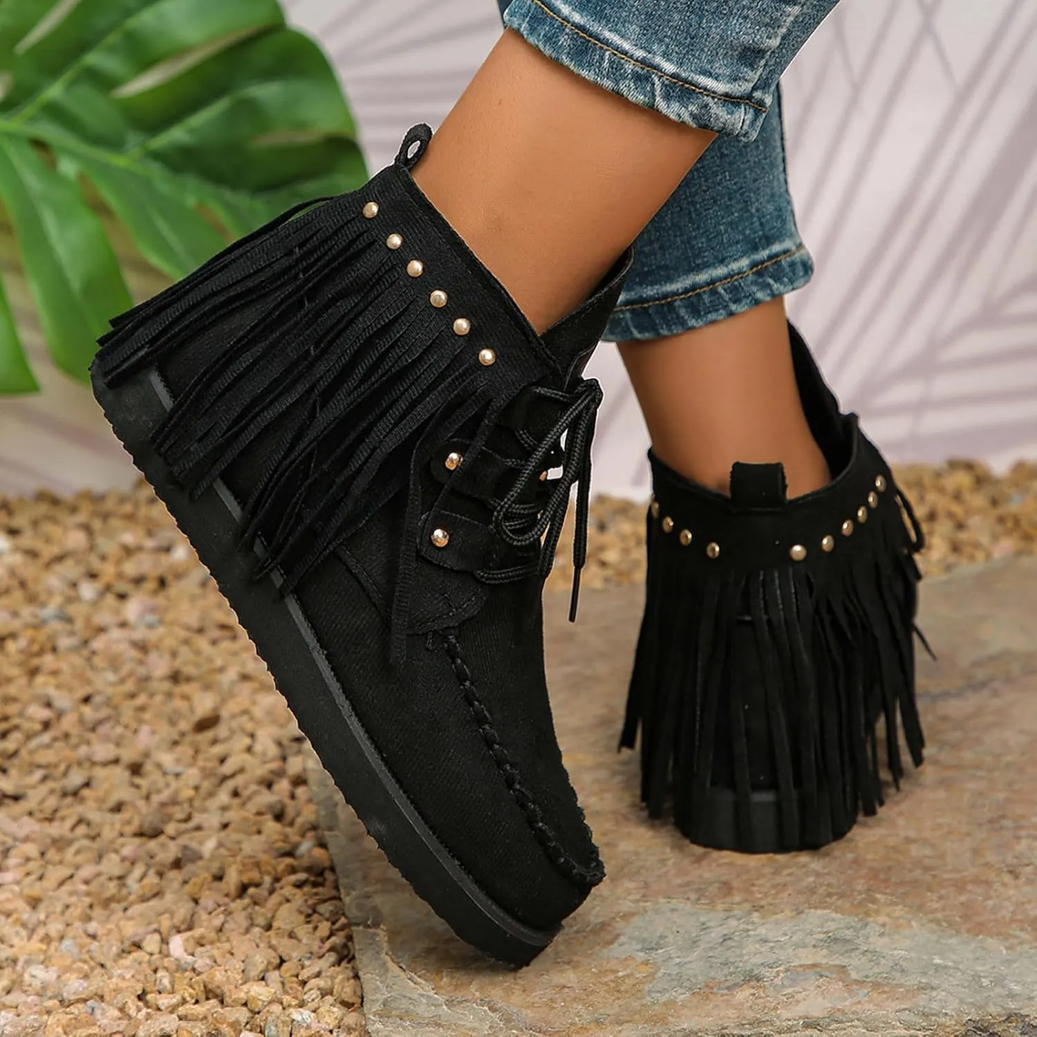 Flat Heel Round Toe Ankle Boots for Women Suede Leather Lace Up Tassel Short Boot Comfy Soft Casual Trendy Booties