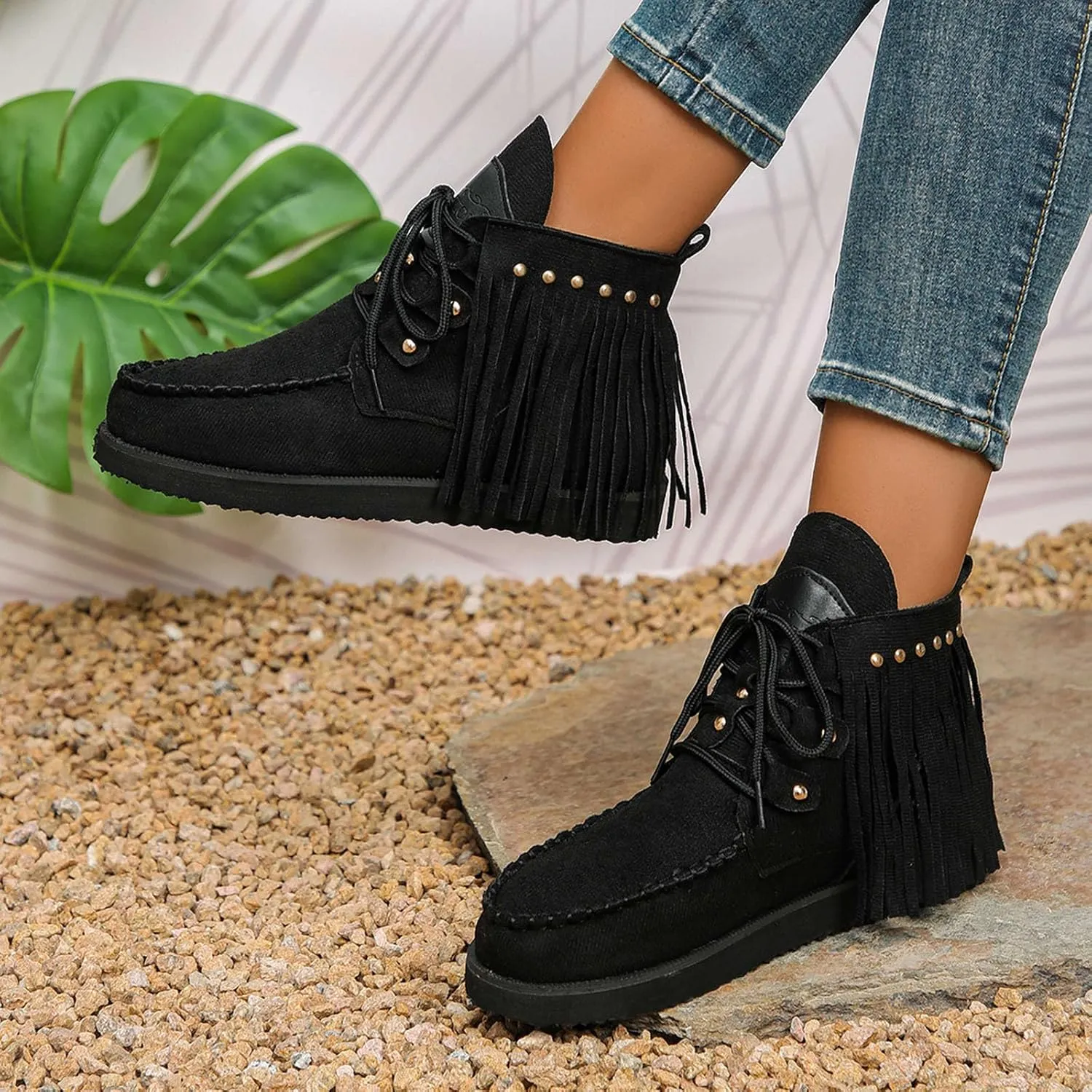 Flat Heel Round Toe Ankle Boots for Women Suede Leather Lace Up Tassel Short Boot Comfy Soft Casual Trendy Booties