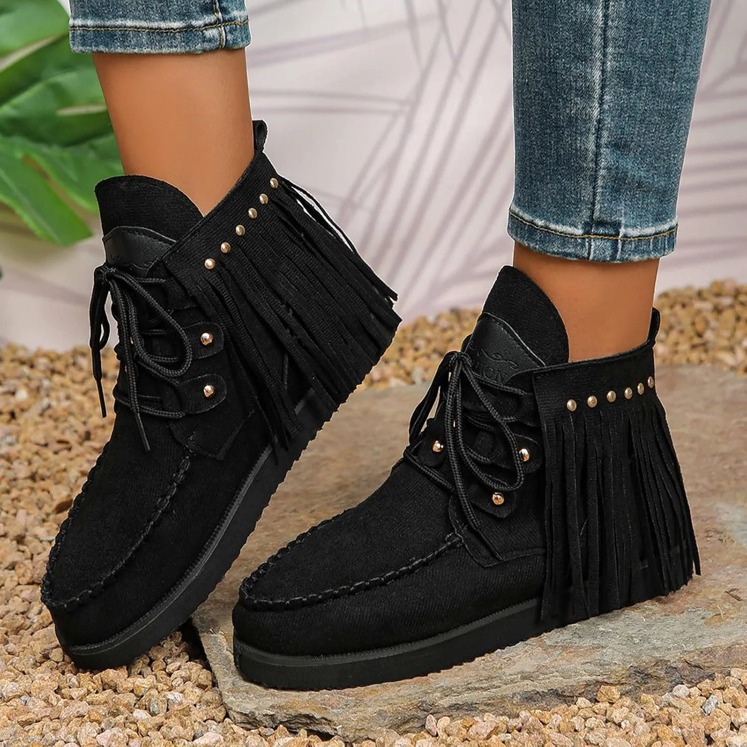 Flat Heel Round Toe Ankle Boots for Women Suede Leather Lace Up Tassel Short Boot Comfy Soft Casual Trendy Booties