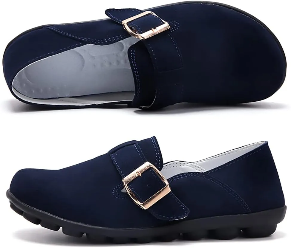 FolHaoth Womens Loafers with Adjustable Buckle Comfortable Suede Casual Slip On Flats Moccasins Loafer Shoes Breathable Nurse Driving Fashion Shoes