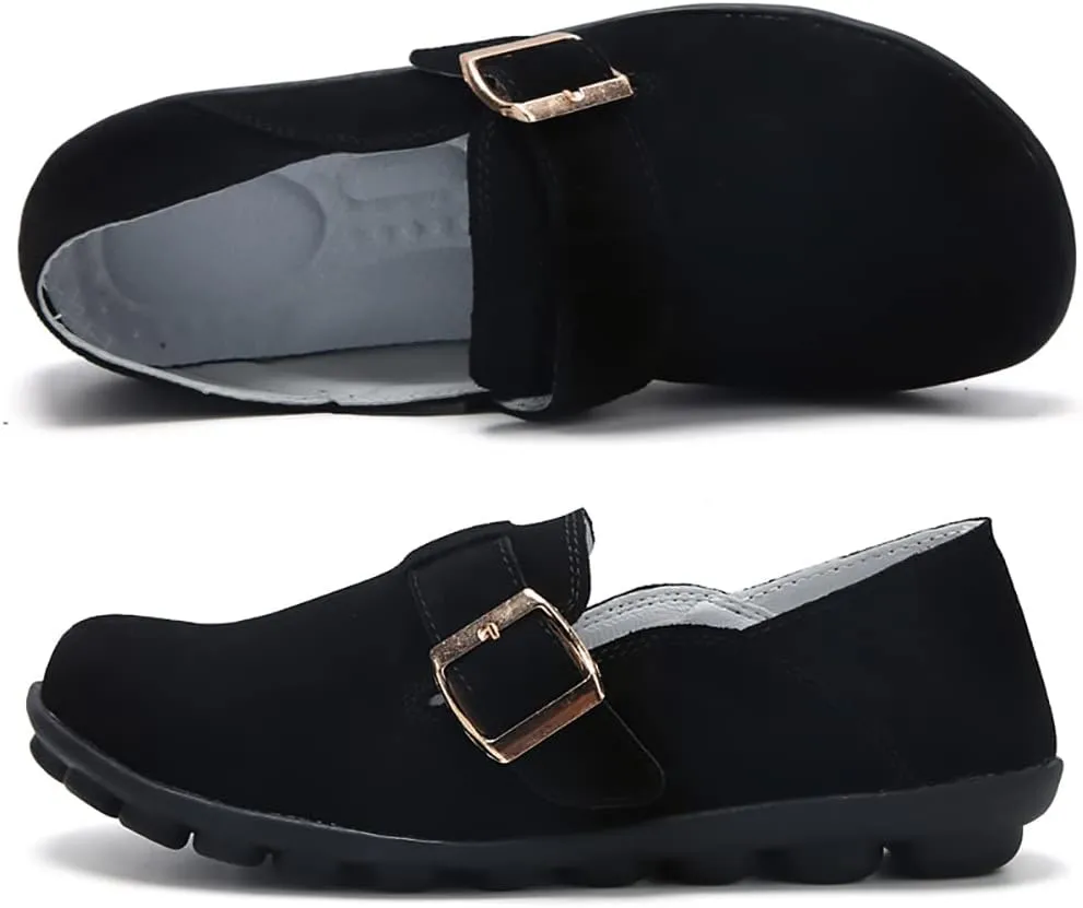 FolHaoth Womens Loafers with Adjustable Buckle Comfortable Suede Casual Slip On Flats Moccasins Loafer Shoes Breathable Nurse Driving Fashion Shoes