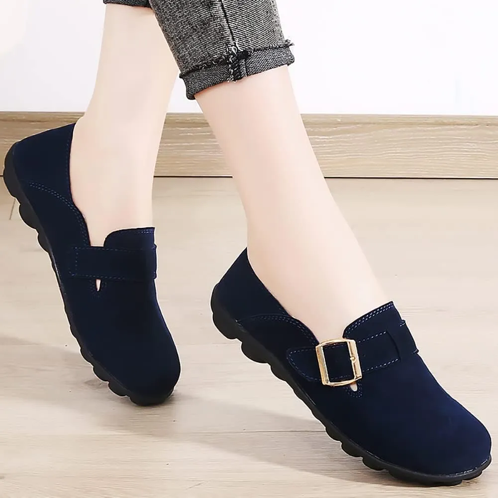 FolHaoth Womens Loafers with Adjustable Buckle Comfortable Suede Casual Slip On Flats Moccasins Loafer Shoes Breathable Nurse Driving Fashion Shoes