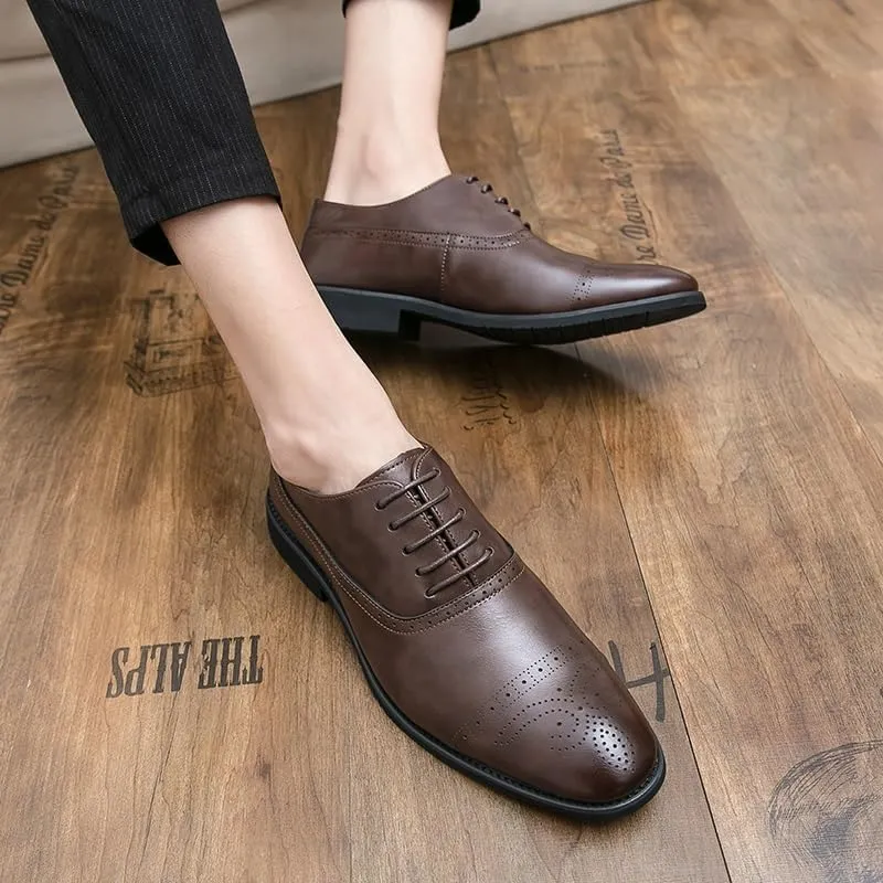 Formal Shoes for Men Lace Up Round Toe Brogue Embossed PU Leather Cap Toe Oxford Shoes Rubber Sole Slip Resistant Anti-Slip Non Slip Classic(Brown,9)