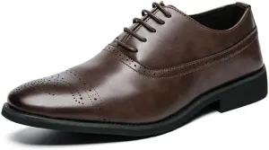 Formal Shoes for Men Lace Up Round Toe Brogue Embossed PU Leather Cap Toe Oxford Shoes Rubber Sole Slip Resistant Anti-Slip Non Slip Classic(Brown,9)