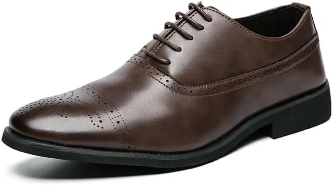 Formal Shoes for Men Lace Up Round Toe Brogue Embossed PU Leather Cap Toe Oxford Shoes Rubber Sole Slip Resistant Anti-Slip Non Slip Classic(Brown,9)