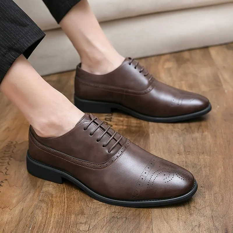 Formal Shoes for Men Lace Up Round Toe Brogue Embossed PU Leather Cap Toe Oxford Shoes Rubber Sole Slip Resistant Anti-Slip Non Slip Classic(Brown,9)