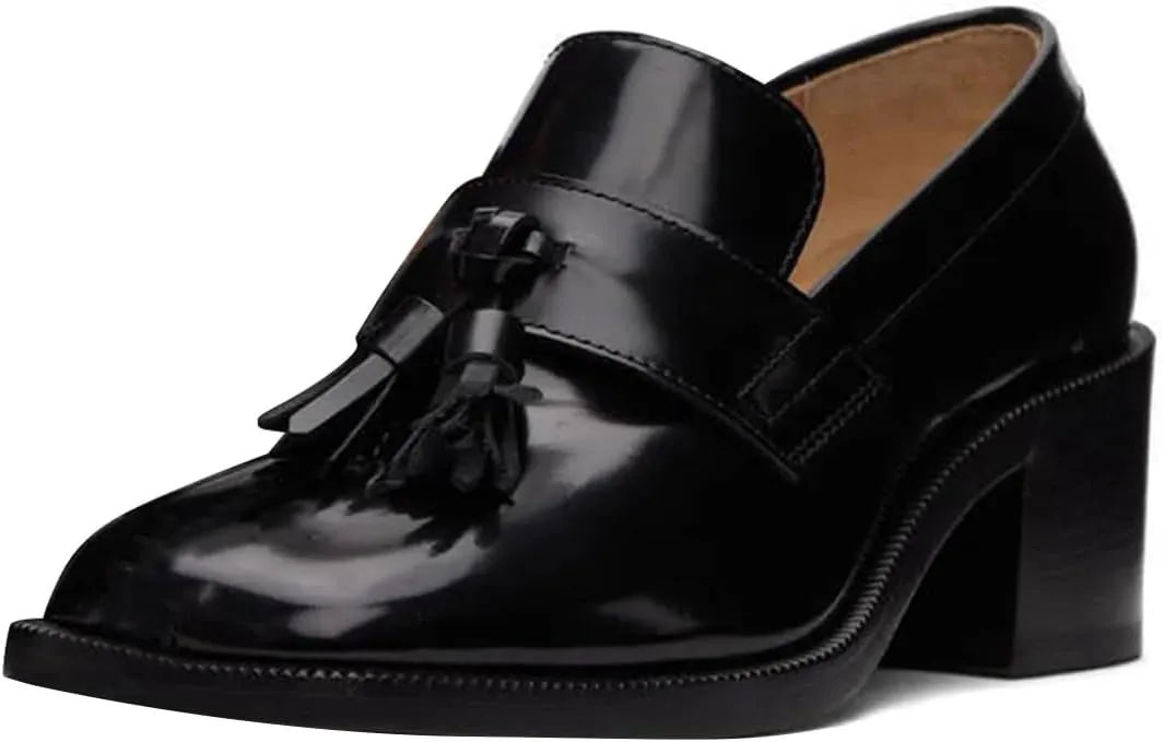 FOWT Women Round Toe Tassel Knotes Loafers Slip On Chunky Mid Heel Oxfords Comfortable Formal Office Dress Shoes Size 4-16 US