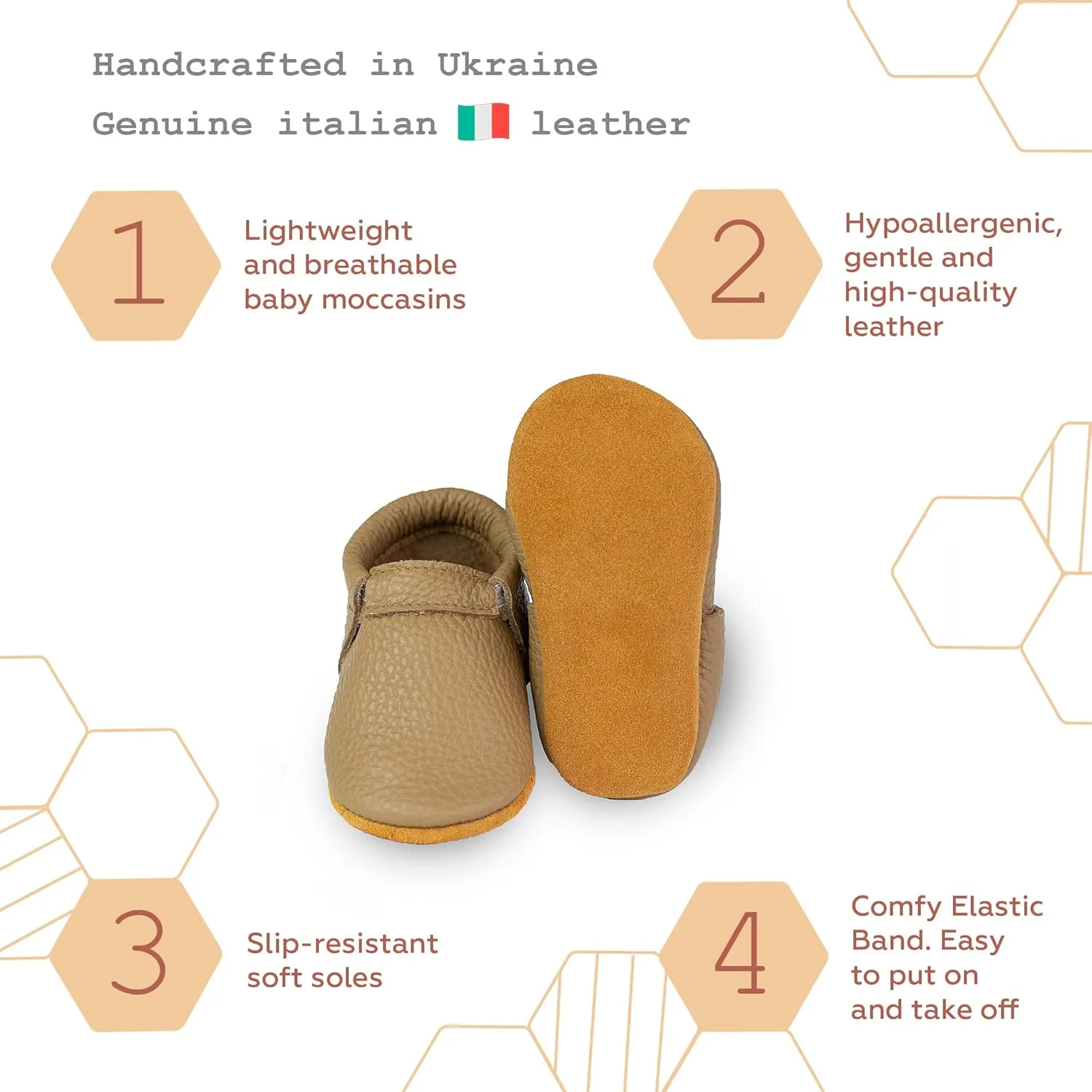 Fringeless Baby Moccasins with Non-Slip Suede Sole - Genuine Italian Leather, Boys and Girls Shoes for Newborns, Babies, Infants, Toddlers