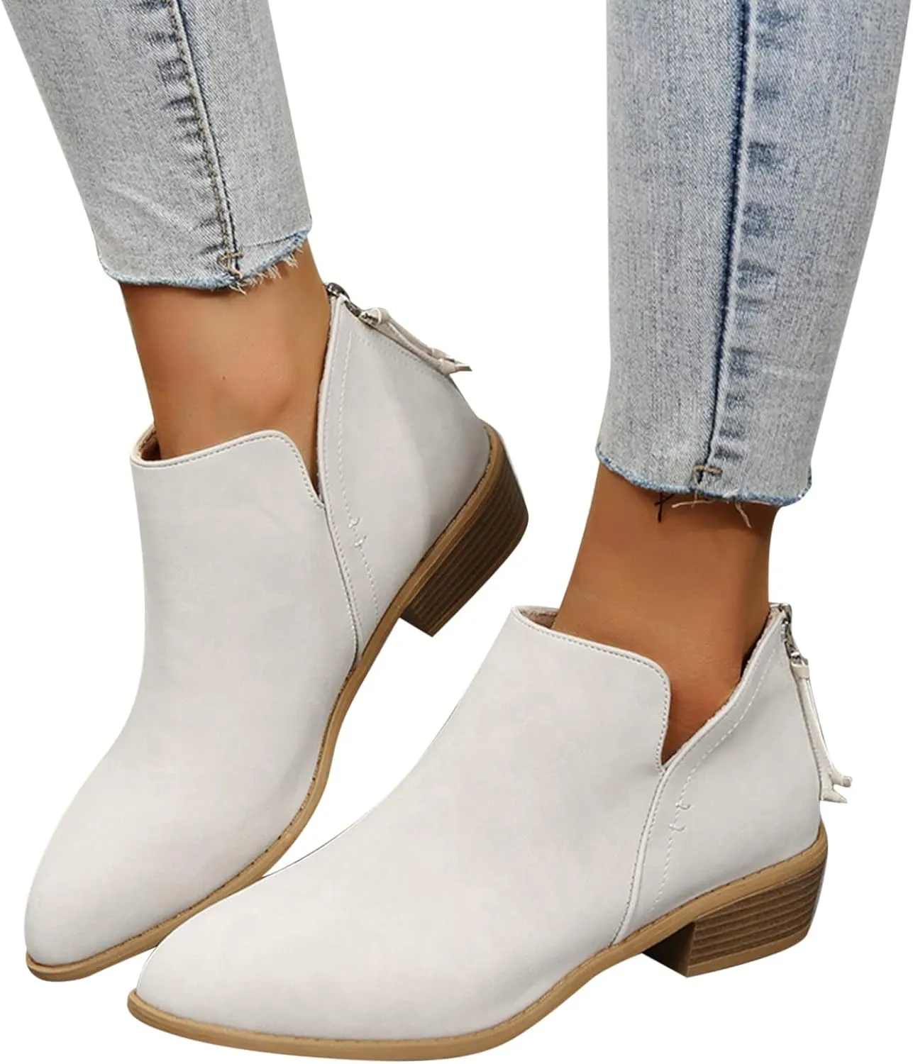Gibobby Ankle Booties for Women Flat,Hollow Ankle Boots Low Chunky Block Stacked Heel Boots Slip On Pointed Toe Western Shoes