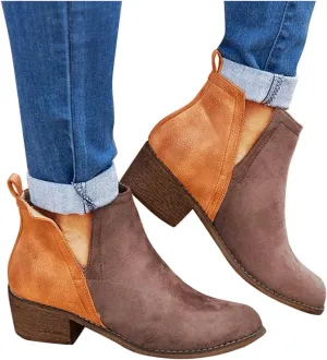 Gibobby Ankle Booties for Women Flat,Hollow Ankle Boots Low Chunky Block Stacked Heel Boots Slip On Pointed Toe Western Shoes