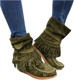 Gibobby Ankle Boots for Women Mid Knee High Boots Chunky Heel Fringe Side Zipper Fashion Winter Shoes Cowboy Booties