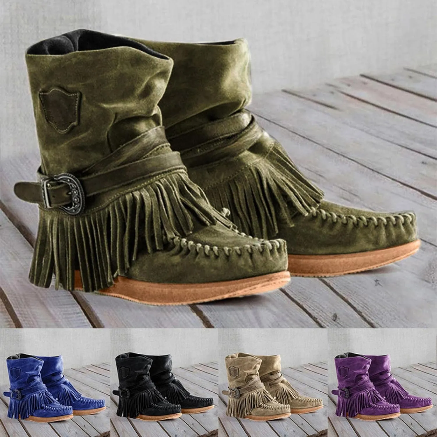 Gibobby Ankle Boots for Women Mid Knee High Boots Chunky Heel Fringe Side Zipper Fashion Winter Shoes Cowboy Booties