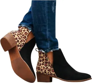 Gibobby Booties for Women Womens Ankle Boots Pointed Toe Faux Stacked Chunky Heels Leopard Side Zipper Booties