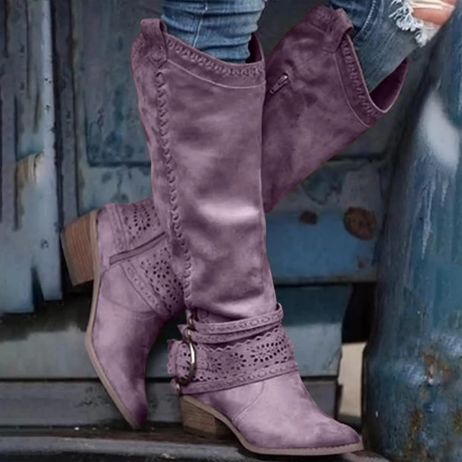 Gibobby Cowboy Boots for Women Sunflowers Embroidery Boots Retro Square Toe Pull On Boots Chunky Heel Western Mid Calf Shoes 52