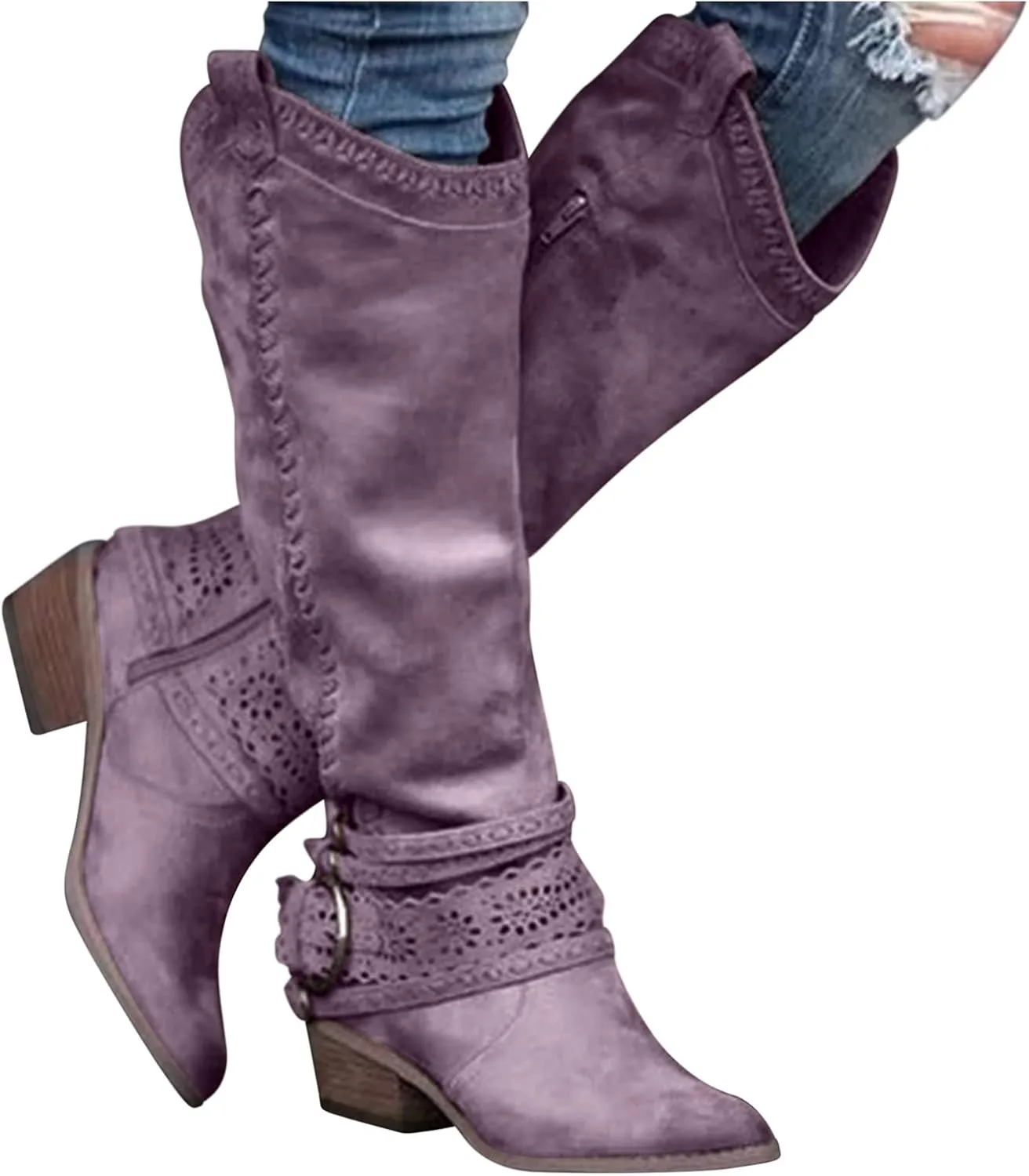 Gibobby Cowboy Boots for Women Sunflowers Embroidery Boots Retro Square Toe Pull On Boots Chunky Heel Western Mid Calf Shoes 52