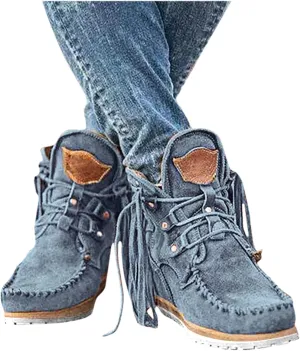 Gibobby Snow Boots for Women Women's Platform Booties Cowboy High Boots Length Stacked Chunky Heel Tassel Boots ftjx01, Z01-blue