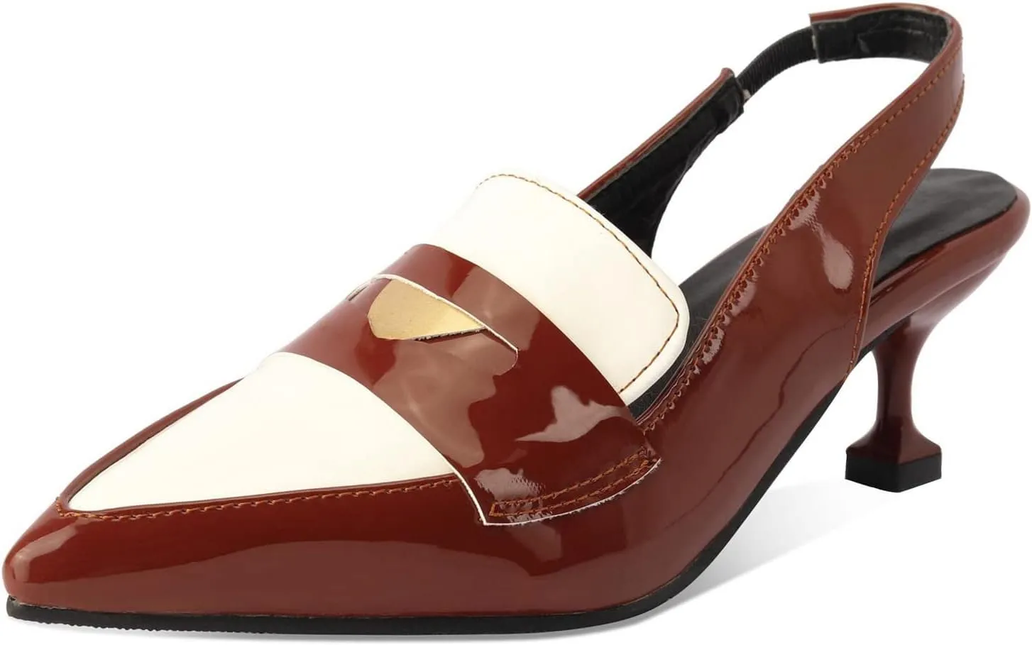 keleimusi Pointy Toe Kitten Penny Loafers Contrast Color-Block Leather Slingback Shoes