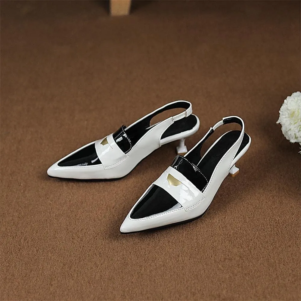 keleimusi Pointy Toe Kitten Penny Loafers Contrast Color-Block Leather Slingback Shoes