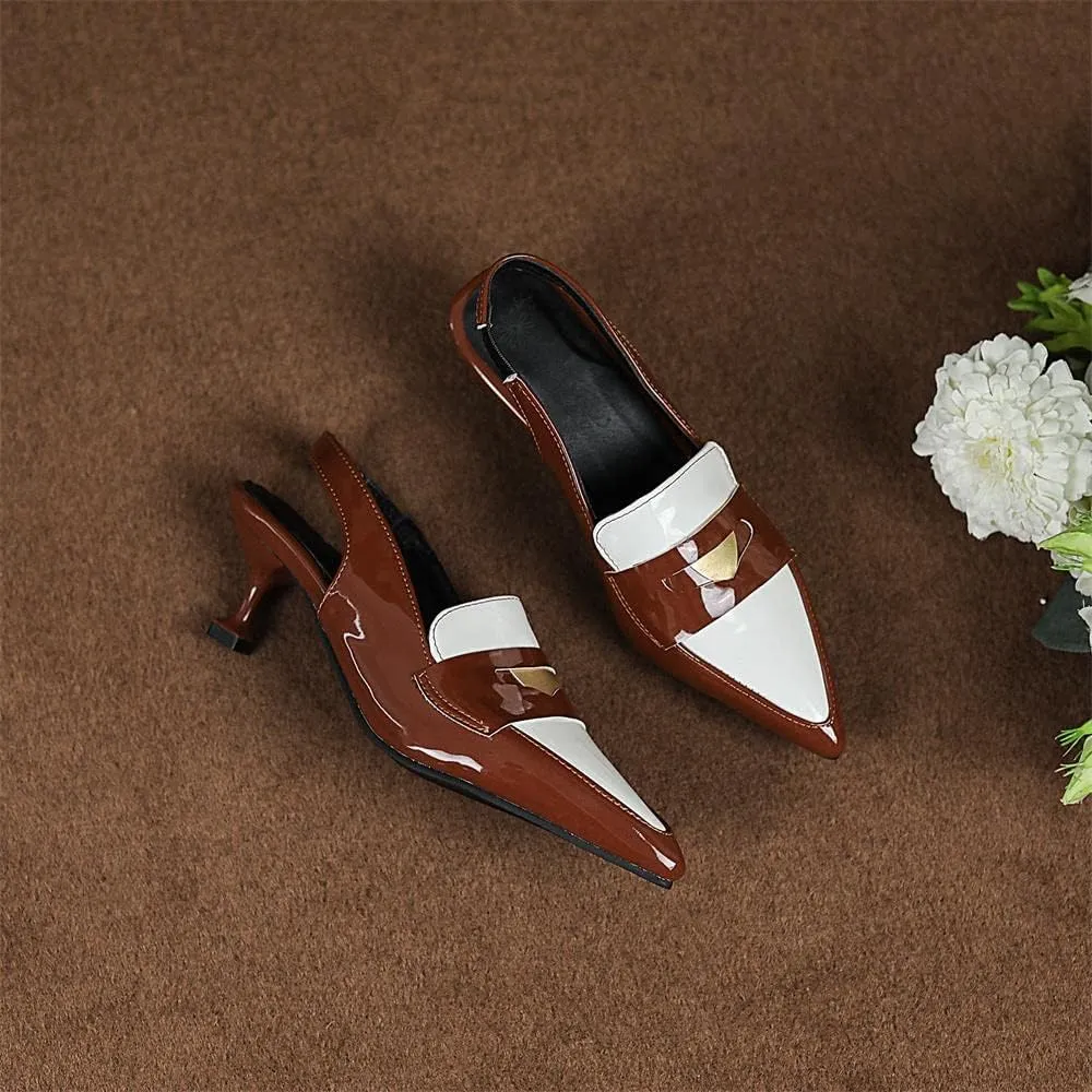 keleimusi Pointy Toe Kitten Penny Loafers Contrast Color-Block Leather Slingback Shoes