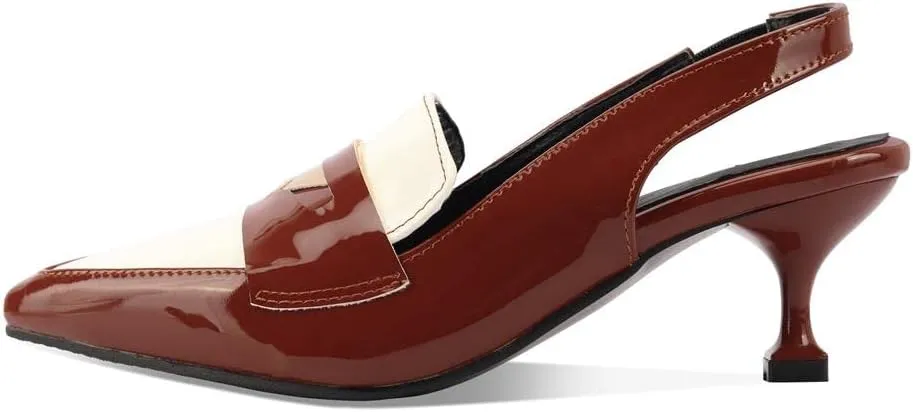 keleimusi Pointy Toe Kitten Penny Loafers Contrast Color-Block Leather Slingback Shoes