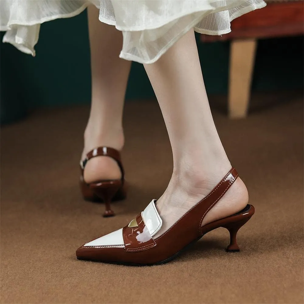 keleimusi Pointy Toe Kitten Penny Loafers Contrast Color-Block Leather Slingback Shoes