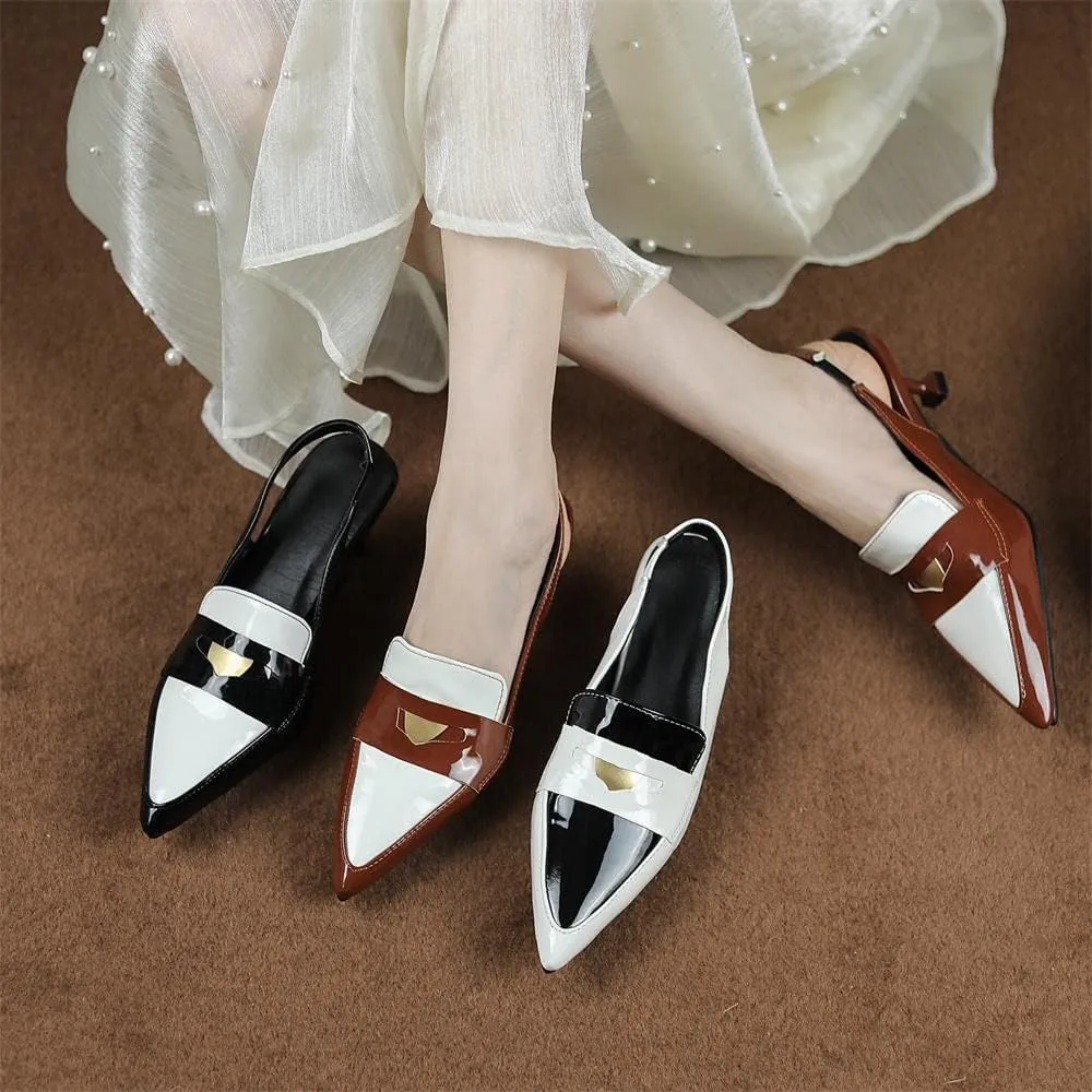keleimusi Pointy Toe Kitten Penny Loafers Contrast Color-Block Leather Slingback Shoes