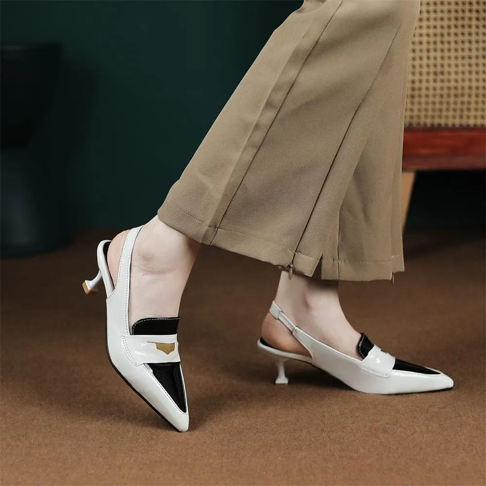 keleimusi Pointy Toe Kitten Penny Loafers Contrast Color-Block Leather Slingback Shoes