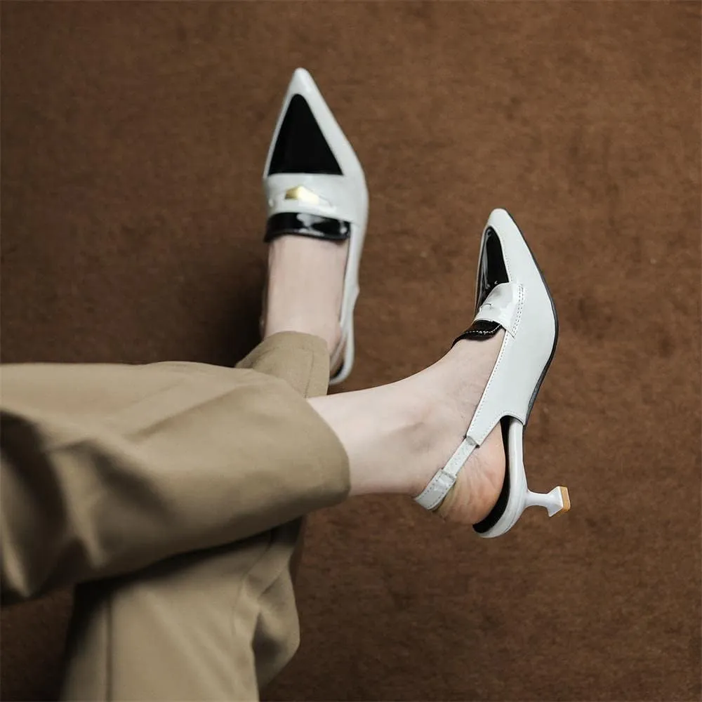 keleimusi Pointy Toe Kitten Penny Loafers Contrast Color-Block Leather Slingback Shoes