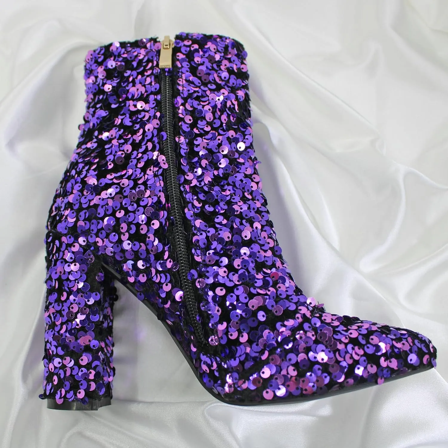 KysBloes Women Glitter Chunky Heel Ankle Boots Pointed Toe Sequin Cloth Sparkly Booties Side Zip