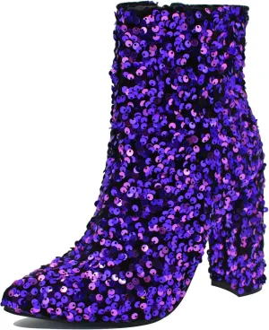 KysBloes Women Glitter Chunky Heel Ankle Boots Pointed Toe Sequin Cloth Sparkly Booties Side Zip