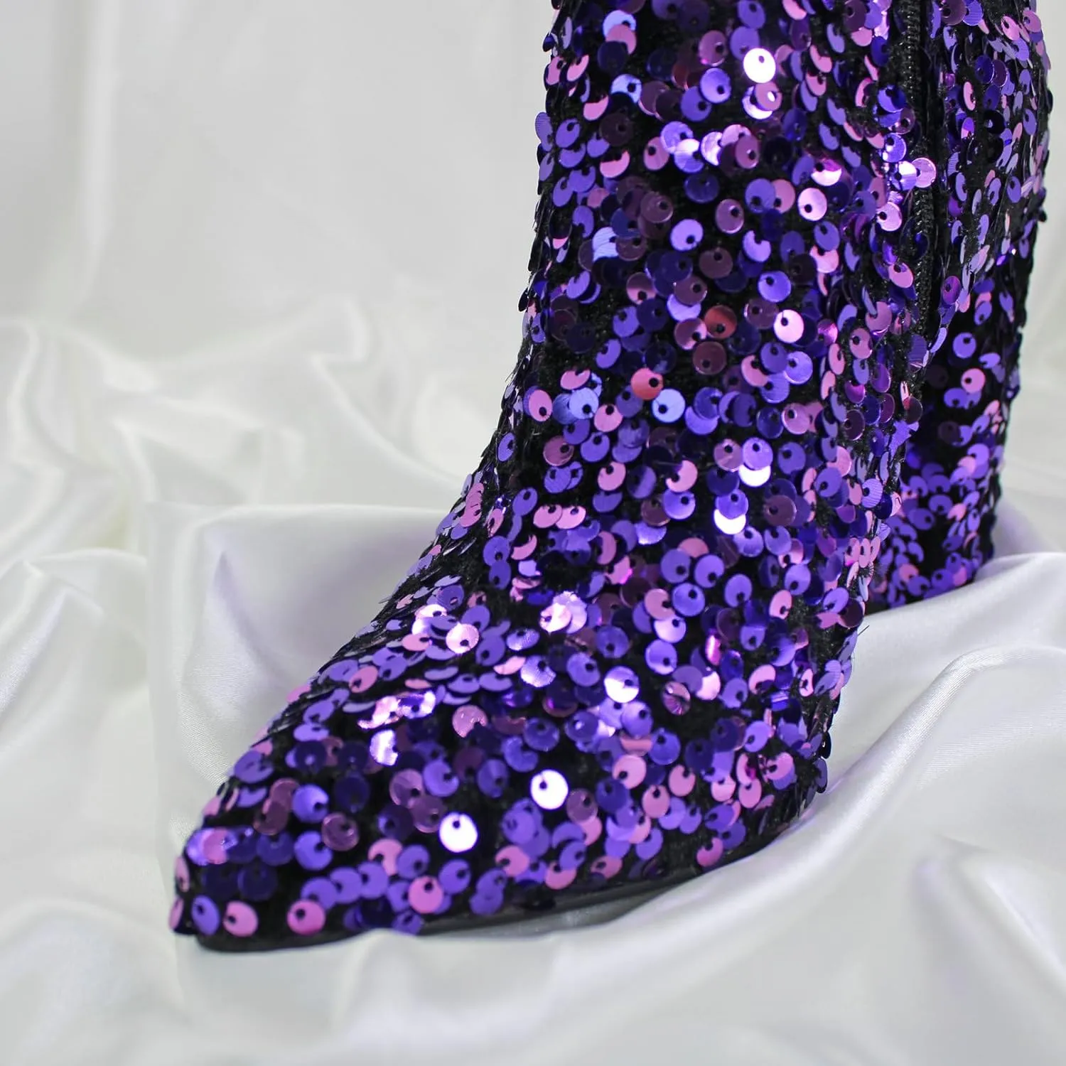 KysBloes Women Glitter Chunky Heel Ankle Boots Pointed Toe Sequin Cloth Sparkly Booties Side Zip