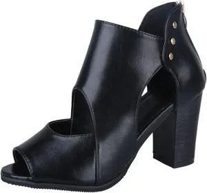 Ladies Fashion Vintage Solid Color Leather Open Toe Back Zip Chunky High Heel Sandals Buckle Sandals for Women Glitter