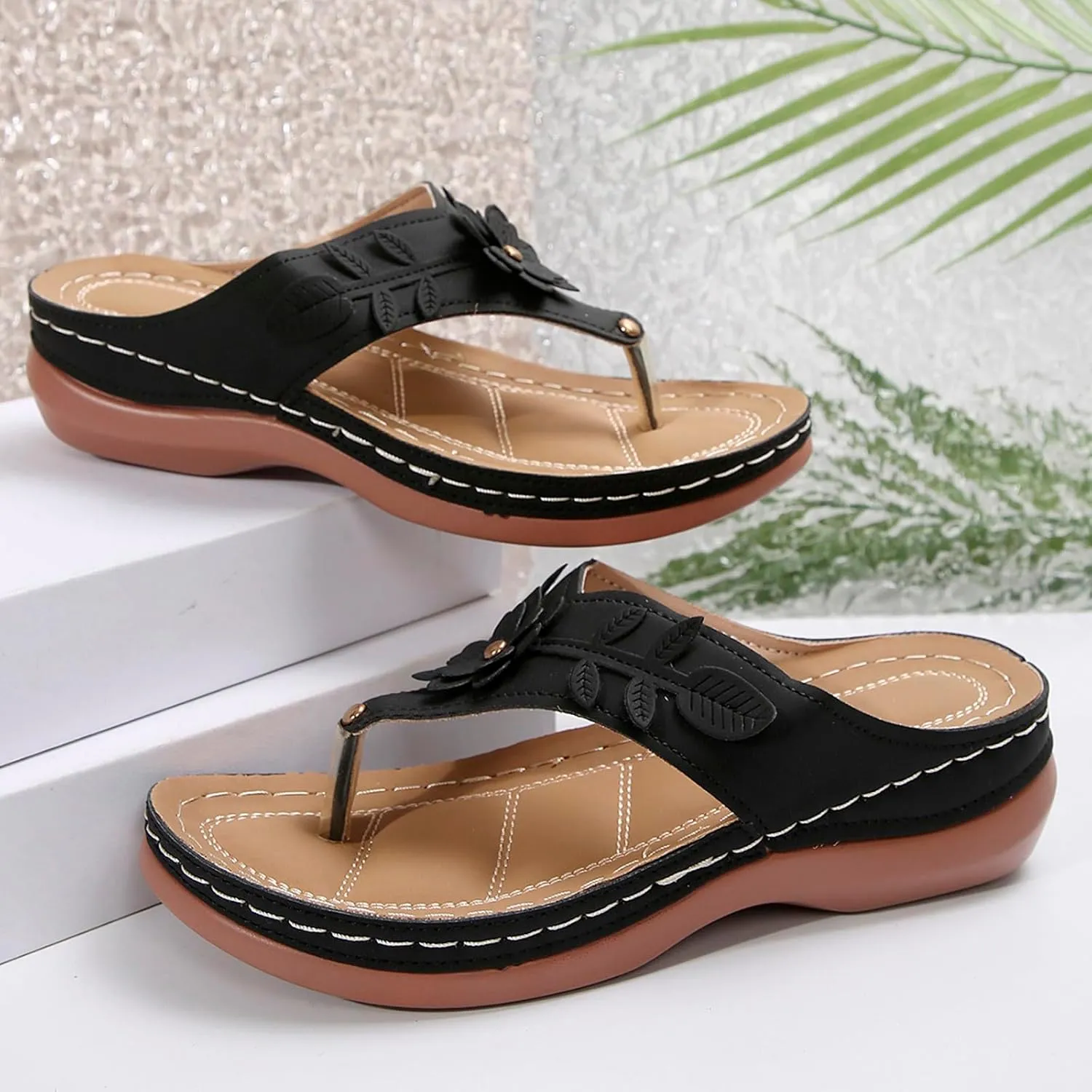 Ladies Summer Casual Solid Color Flower Slope Heel Thick Bottom Beach Large Size Open Toe Disposable Slippers for Women