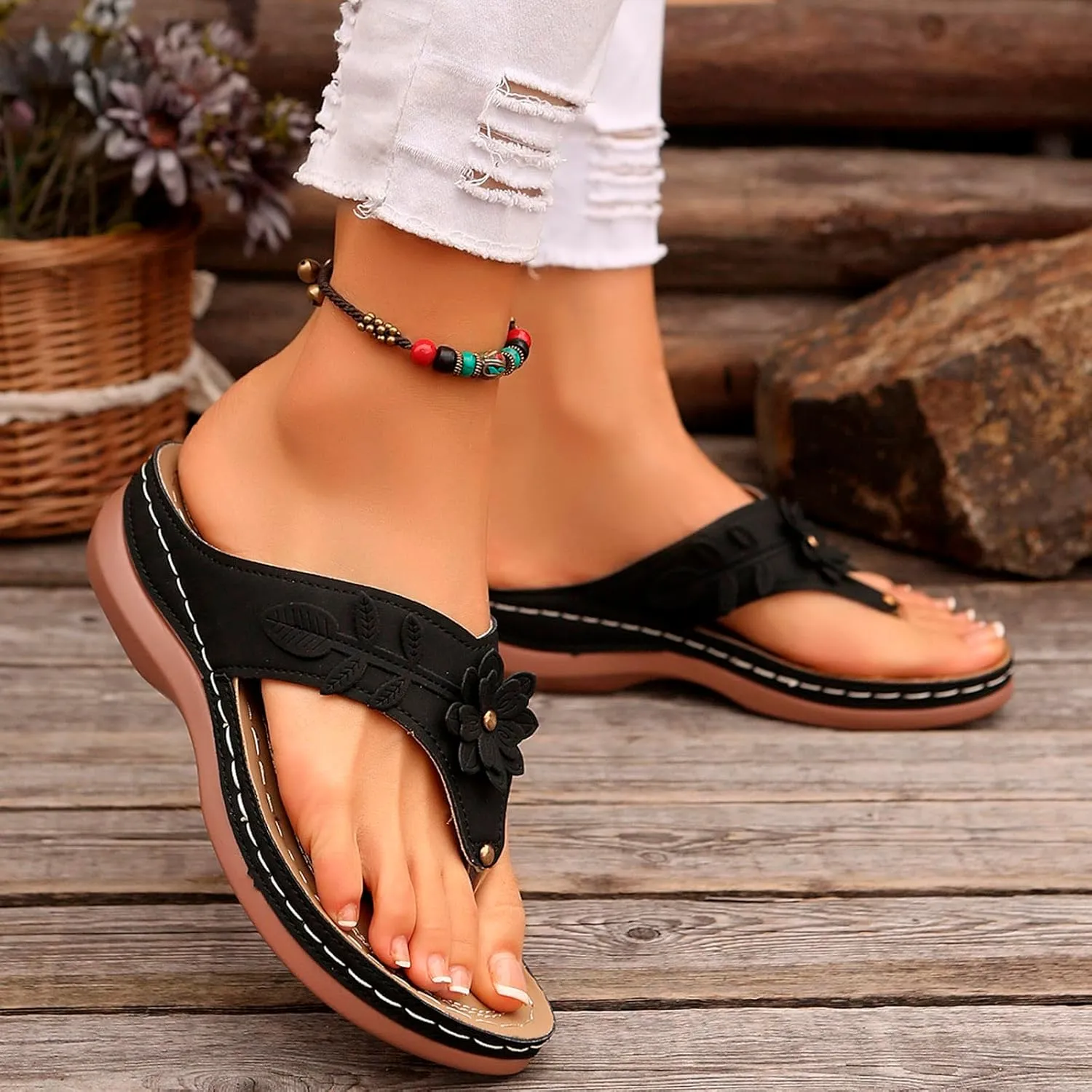 Ladies Summer Casual Solid Color Flower Slope Heel Thick Bottom Beach Large Size Open Toe Disposable Slippers for Women