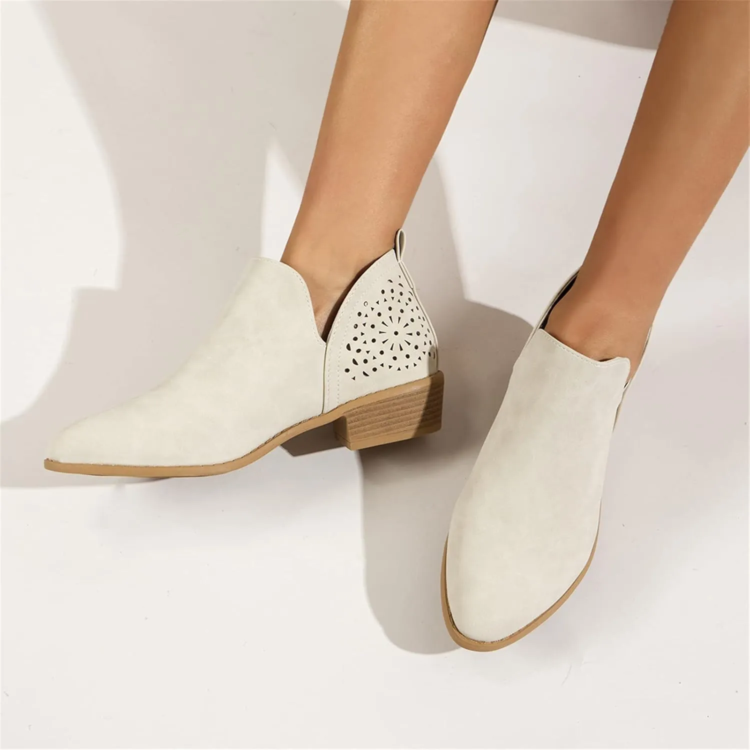 Lausiuoe Boots For Women Ankle Booties Low Heel Cut Out Stacked Chunky Block Casual Dressy Fashion Slip on Ankle Boots