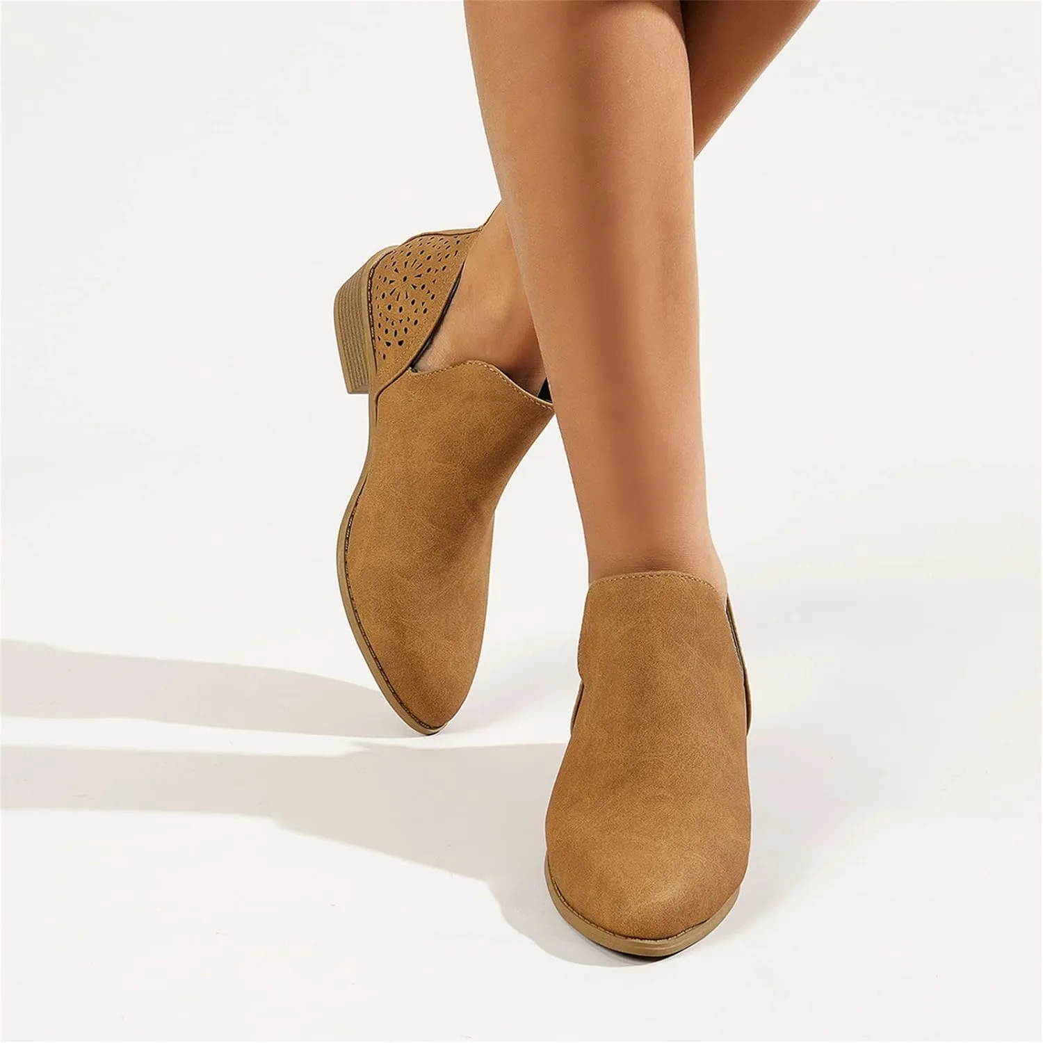 Lausiuoe Boots For Women Ankle Booties Low Heel Cut Out Stacked Chunky Block Casual Dressy Fashion Slip on Ankle Boots