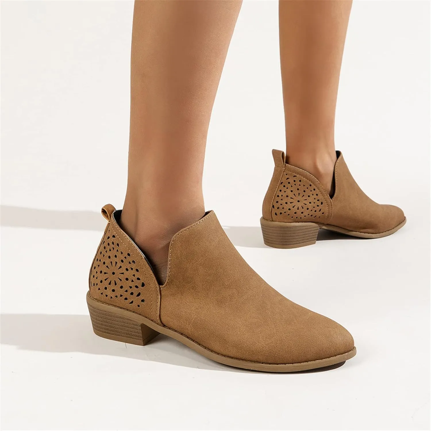 Lausiuoe Boots For Women Ankle Booties Low Heel Cut Out Stacked Chunky Block Casual Dressy Fashion Slip on Ankle Boots