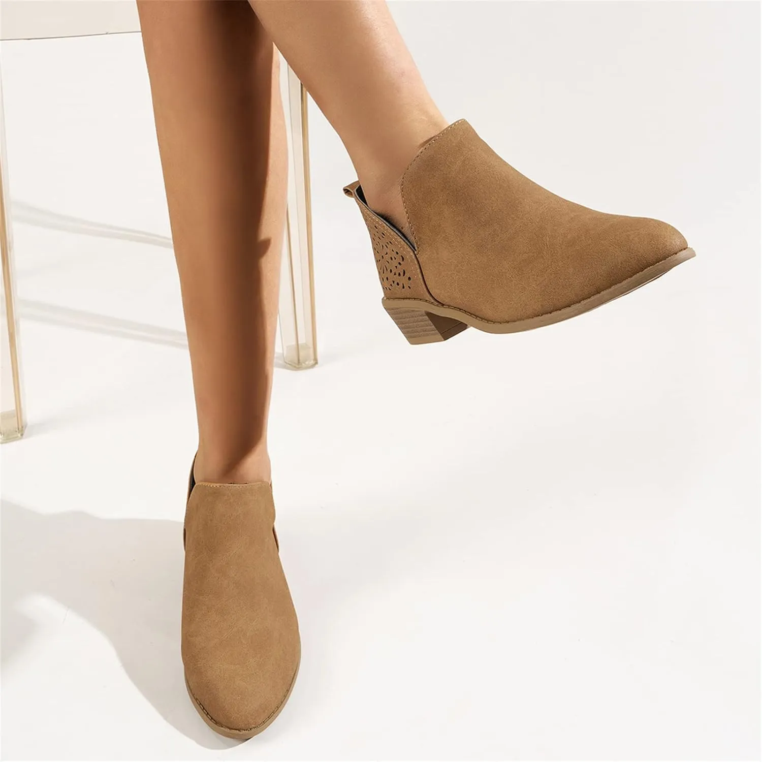Lausiuoe Boots For Women Ankle Booties Low Heel Cut Out Stacked Chunky Block Casual Dressy Fashion Slip on Ankle Boots