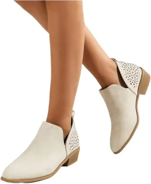 Lausiuoe Boots For Women Ankle Booties Low Heel Cut Out Stacked Chunky Block Casual Dressy Fashion Slip on Ankle Boots