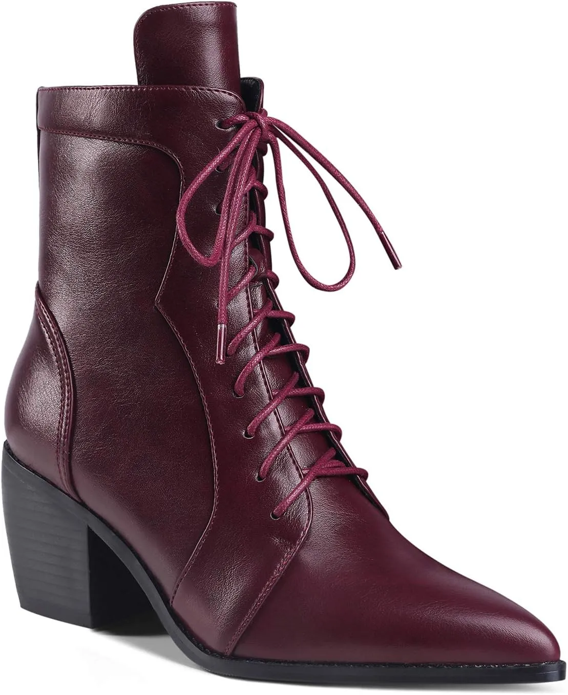 LEHOOR Women Stacked Block Heel Pointed Toe Ankle Boots Lace Up with Side Zipper Chelsea Booties Matte Leather Chunky Heel Short Dress Boots 4-11 M US
