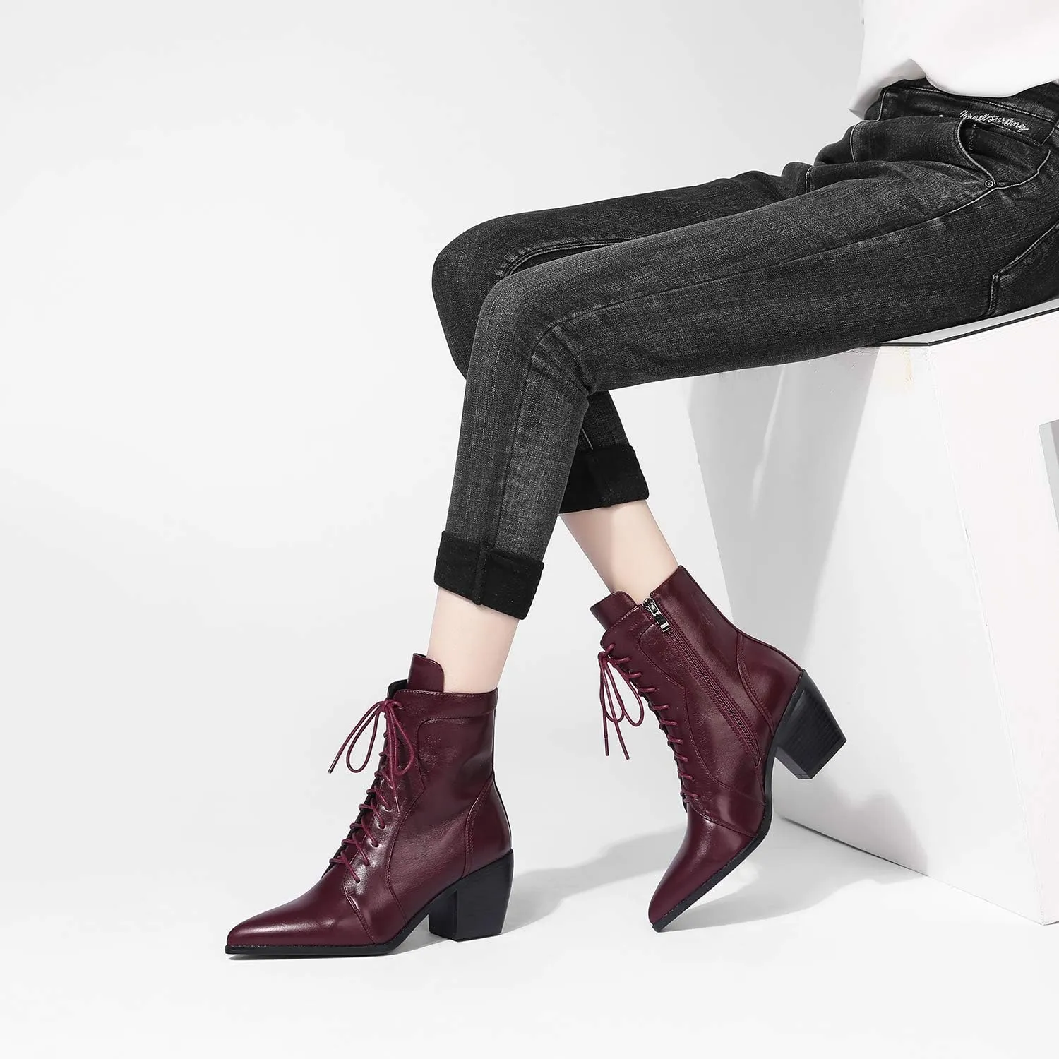LEHOOR Women Stacked Block Heel Pointed Toe Ankle Boots Lace Up with Side Zipper Chelsea Booties Matte Leather Chunky Heel Short Dress Boots 4-11 M US