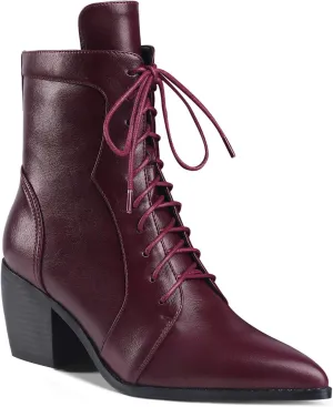 LEHOOR Women Stacked Block Heel Pointed Toe Ankle Boots Lace Up with Side Zipper Chelsea Booties Matte Leather Chunky Heel Short Dress Boots 4-11 M US