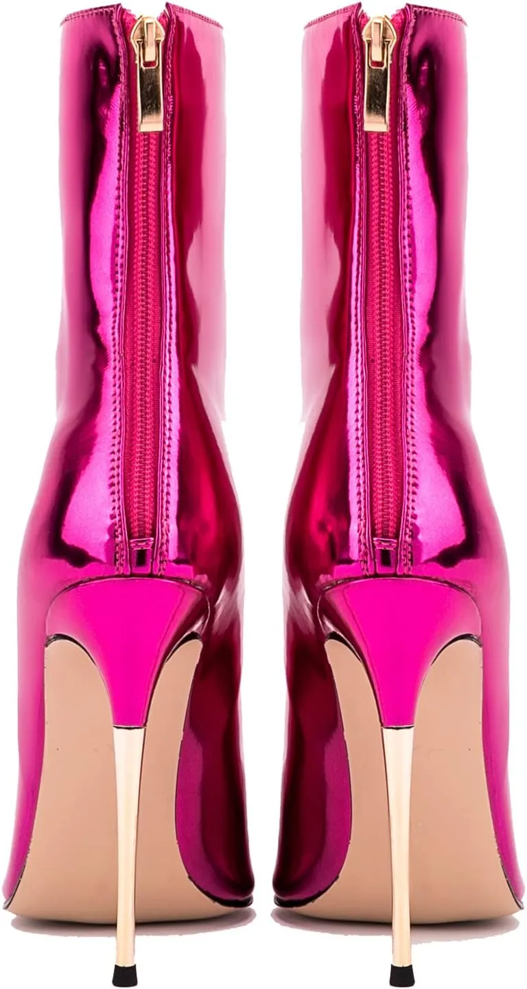 LEHOOR Women Stiletto High heel Mid Calf Boots Pointed Toe Zipper Metallic Patent Leather 5 Inch Heel Short Ankle Booties Zip Up Gogo Boots Bridal Wedding Ball Prom Winter Fall Dress Boots 4-11 M US