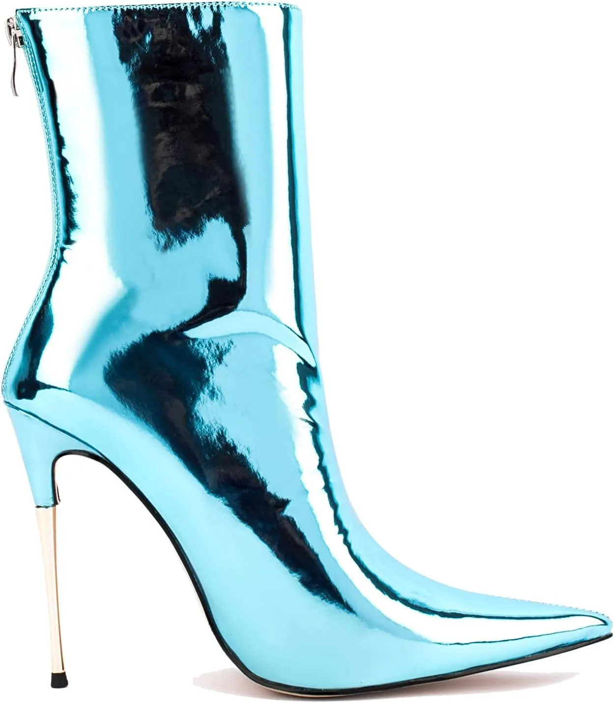 LEHOOR Women Stiletto High heel Mid Calf Boots Pointed Toe Zipper Metallic Patent Leather 5 Inch Heel Short Ankle Booties Zip Up Gogo Boots Bridal Wedding Ball Prom Winter Fall Dress Boots 4-11 M US
