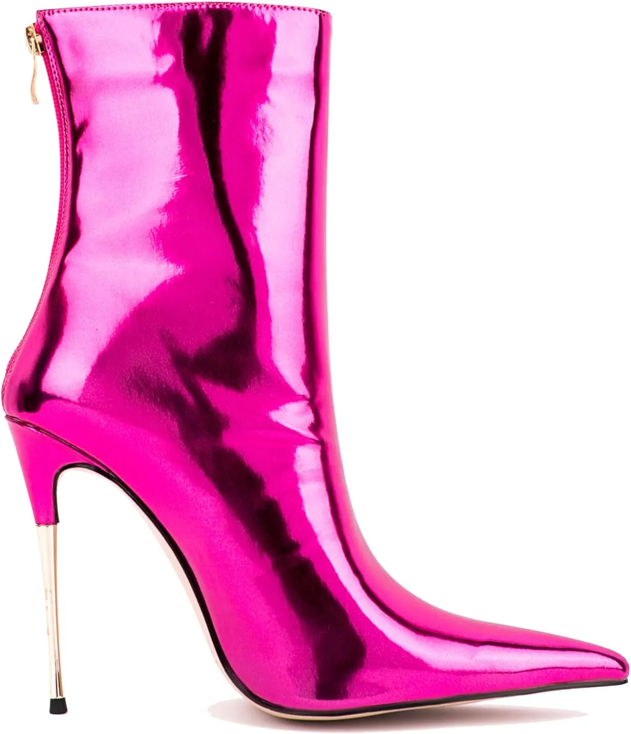 LEHOOR Women Stiletto High heel Mid Calf Boots Pointed Toe Zipper Metallic Patent Leather 5 Inch Heel Short Ankle Booties Zip Up Gogo Boots Bridal Wedding Ball Prom Winter Fall Dress Boots 4-11 M US